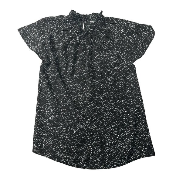 Express Womens Black Polka Dot Ruffle Neck Blouse XS Short Sleeve Lightweight - Picture 1 of 5